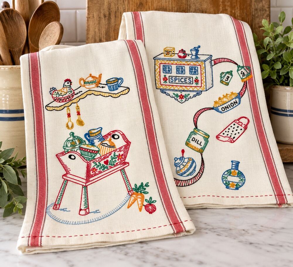 Vintage Bucilla 8693 Embroidered Kitchen Towels Set of 2 Retro Spice and Rooster